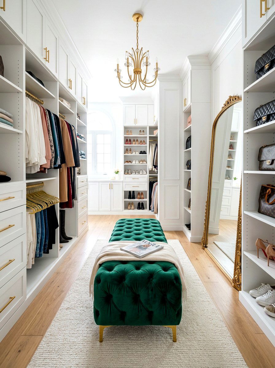 Velvet seating closet area - 30 glam closet ideas