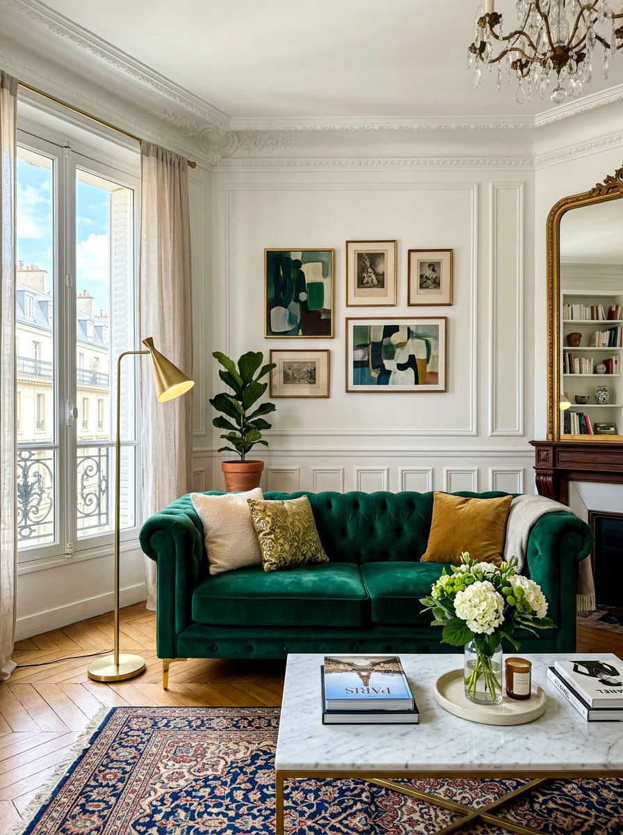 Velvet sofa living room - 30 Parisian living room ideas