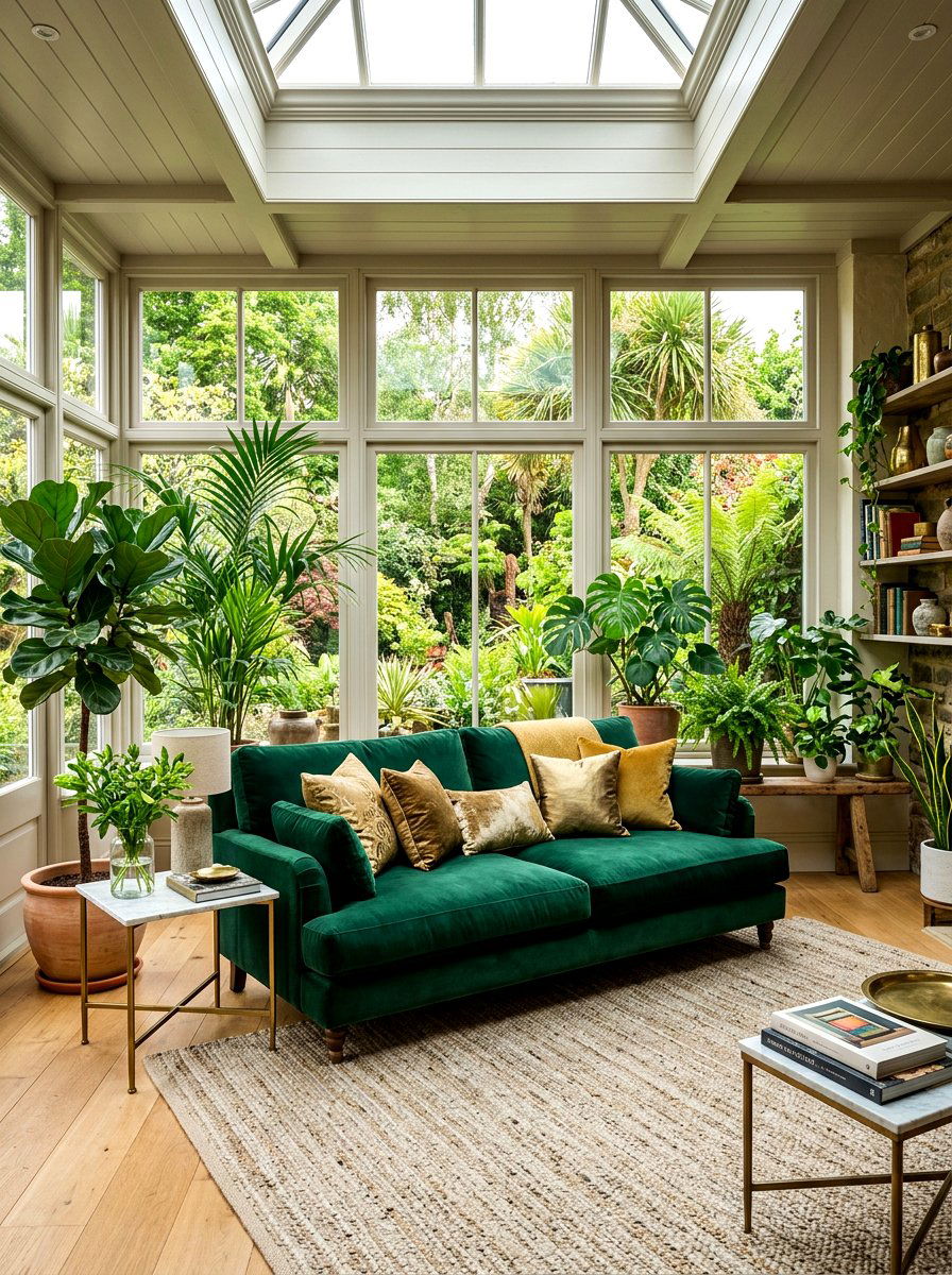 Velvet sofa sunroom - 30 boho sunroom ideas