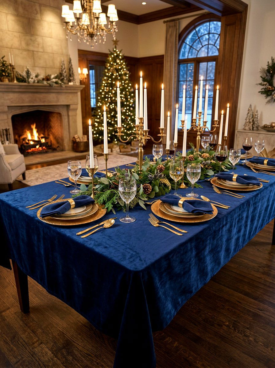Velvet tablecloth styling - 30 New Year table decor ideas