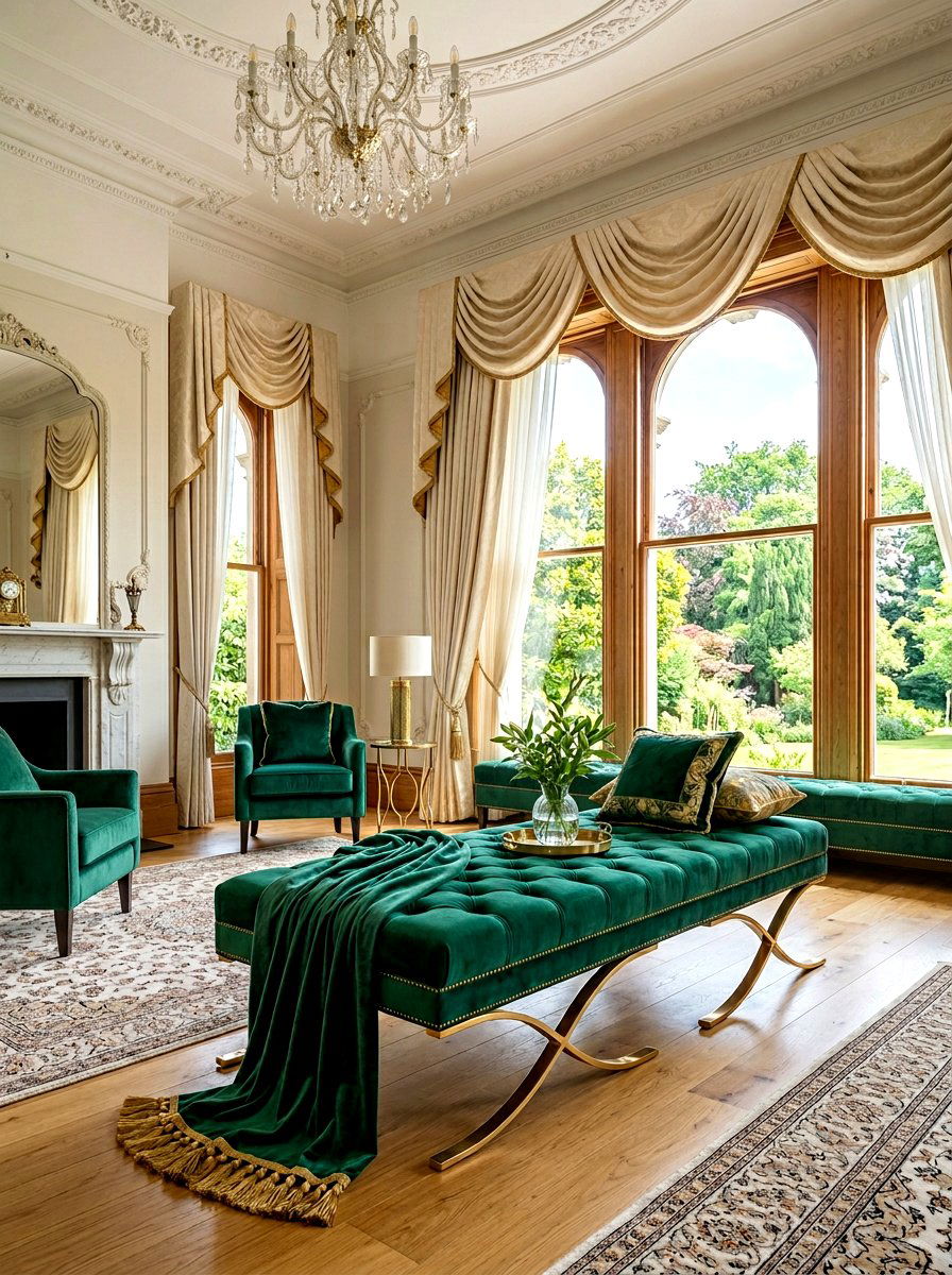 Velvet upholstered window bench - 30 bay window seating living room ideas