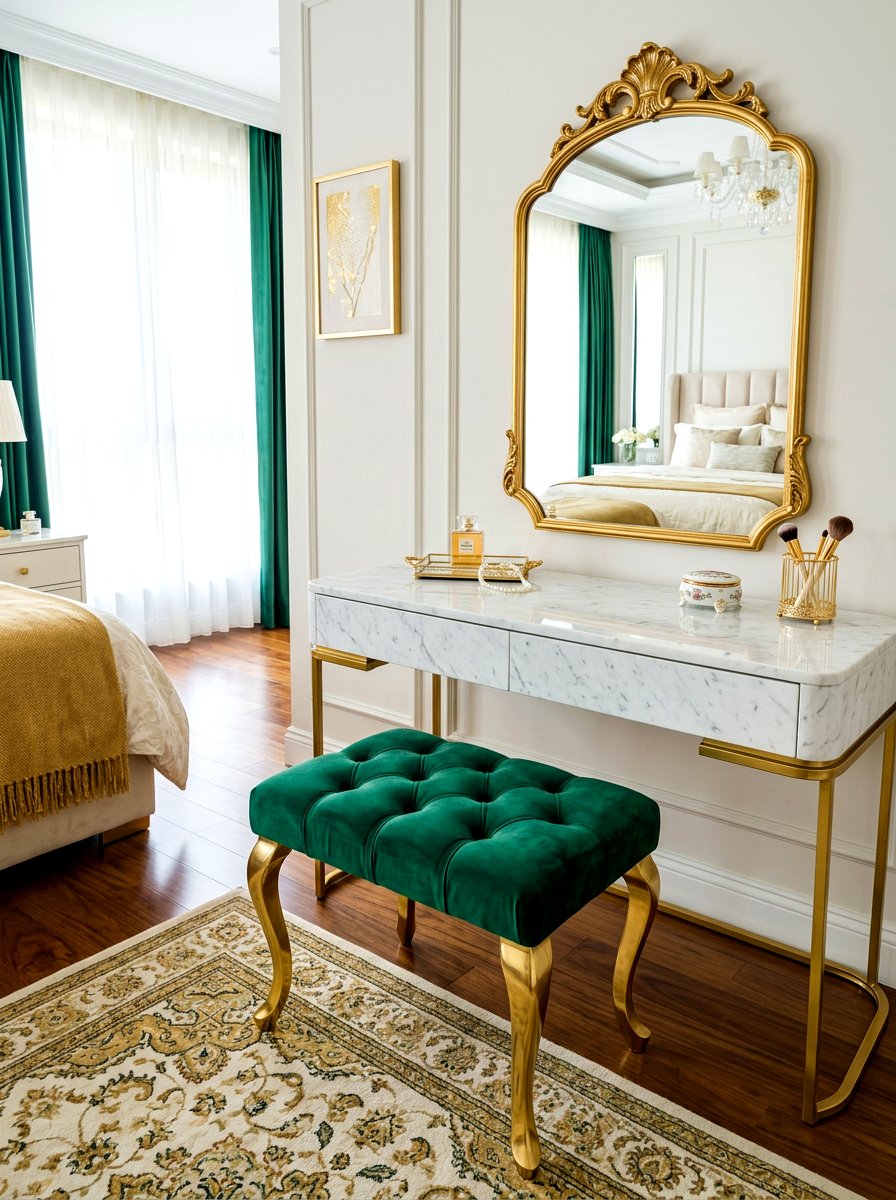 Velvet vanity stool - 30 bedroom vanity corner ideas