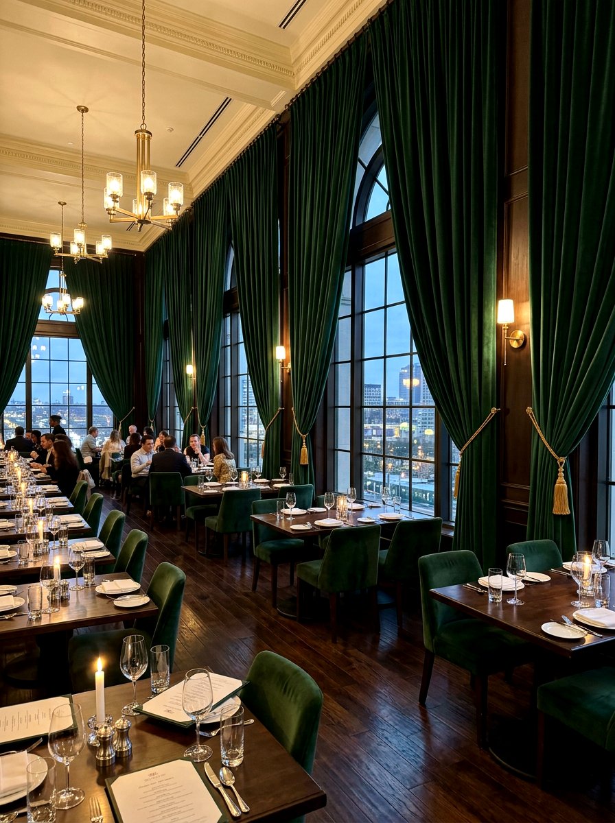 Velvet window drapes - 30 boutique restaurant dining ideas