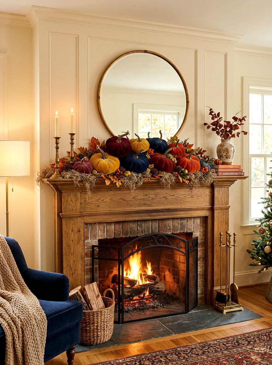 Velvety Pumpkin Assortment - 30 fall mantel layering ideas