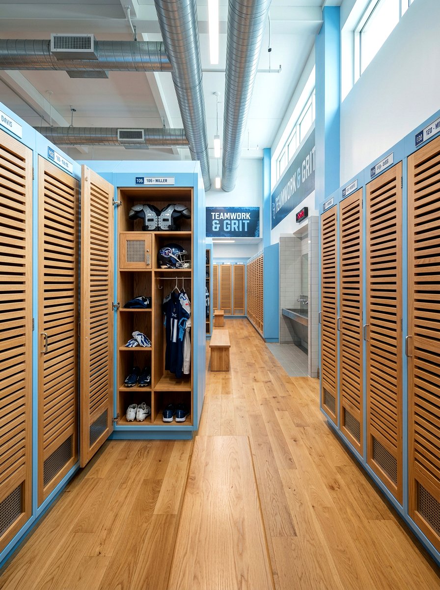 Ventilated locker room design - 30 sports gear mudroom ideas