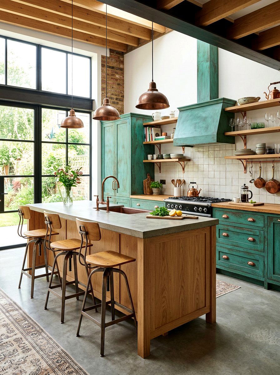 Verdigris green and oak kitchen - 30 green and wood kitchen ideas