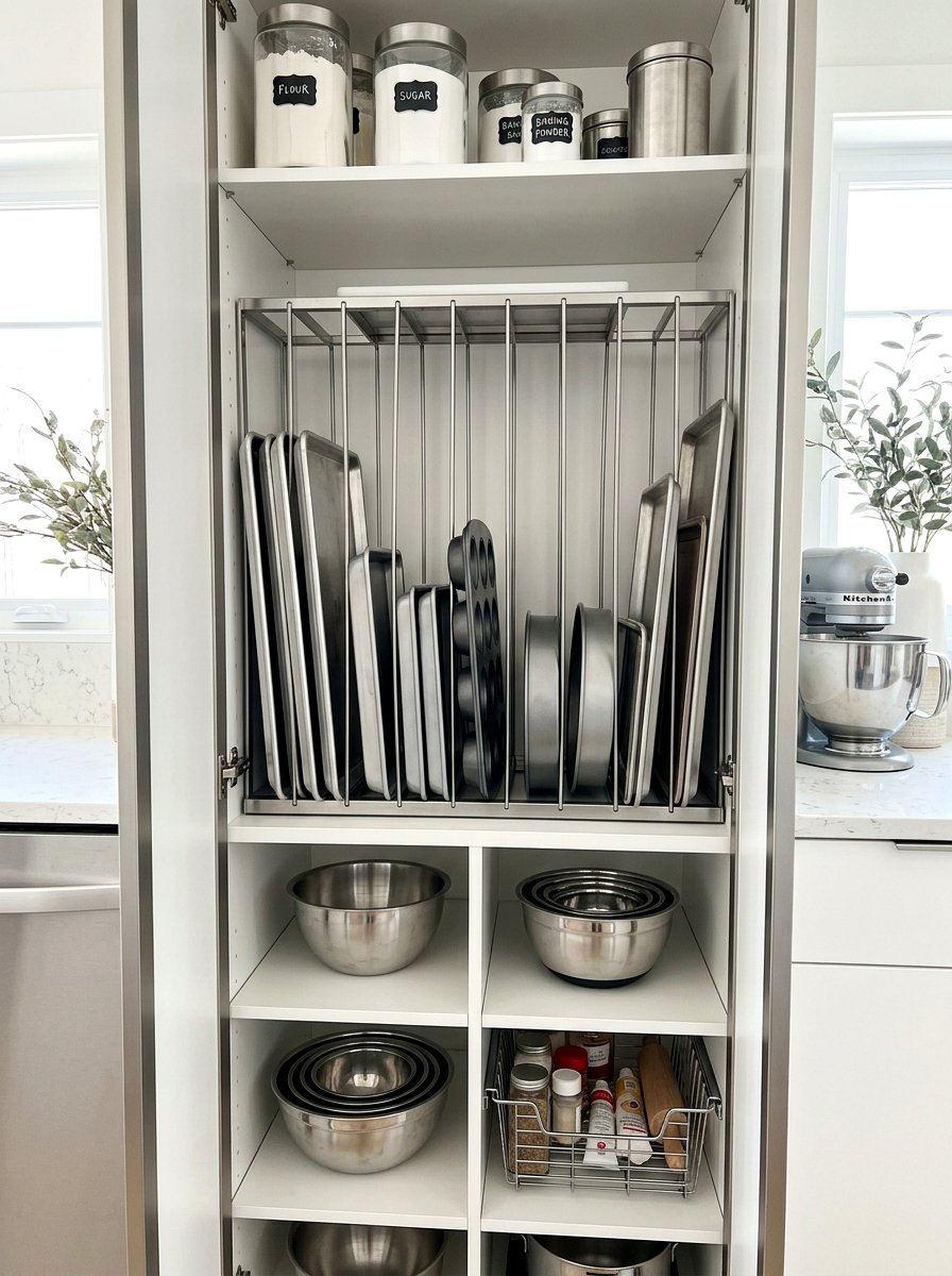 Vertical Baking Sheet Rack - 30 pantry organization ideas