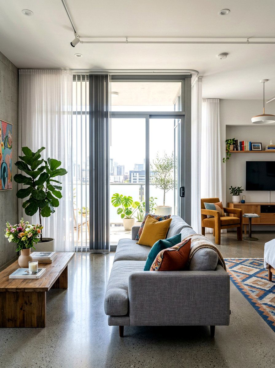 Vertical Blind With Sheer Overlay Curtains - 30 blind and curtain combo ideas