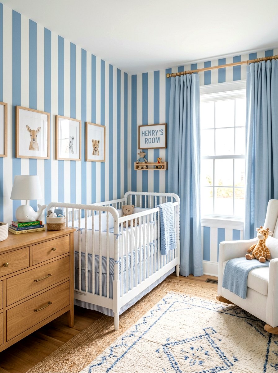 Vertical Blue Stripe Nursery - 30 stripe nursery wallpaper ideas