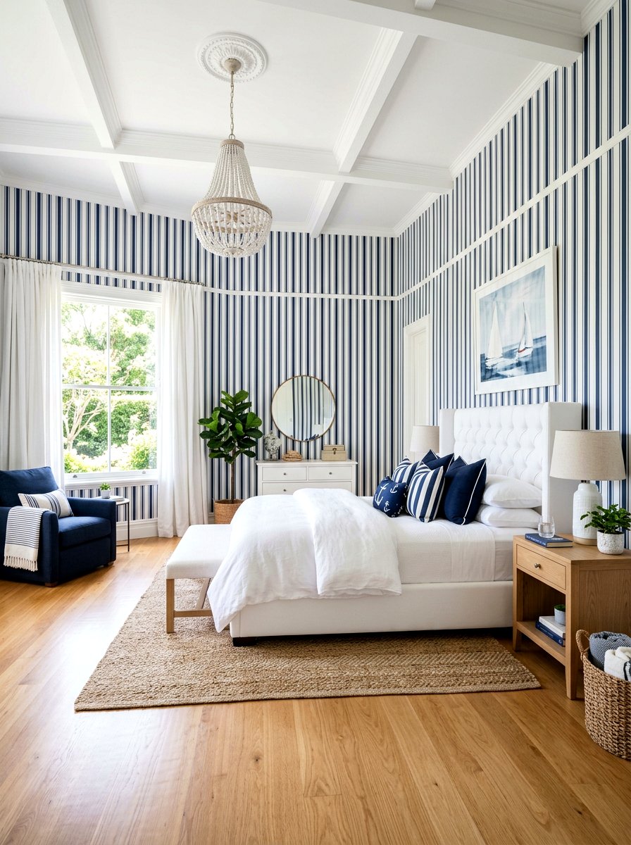 Vertical Blue White Bedroom - 30 striped wall ideas