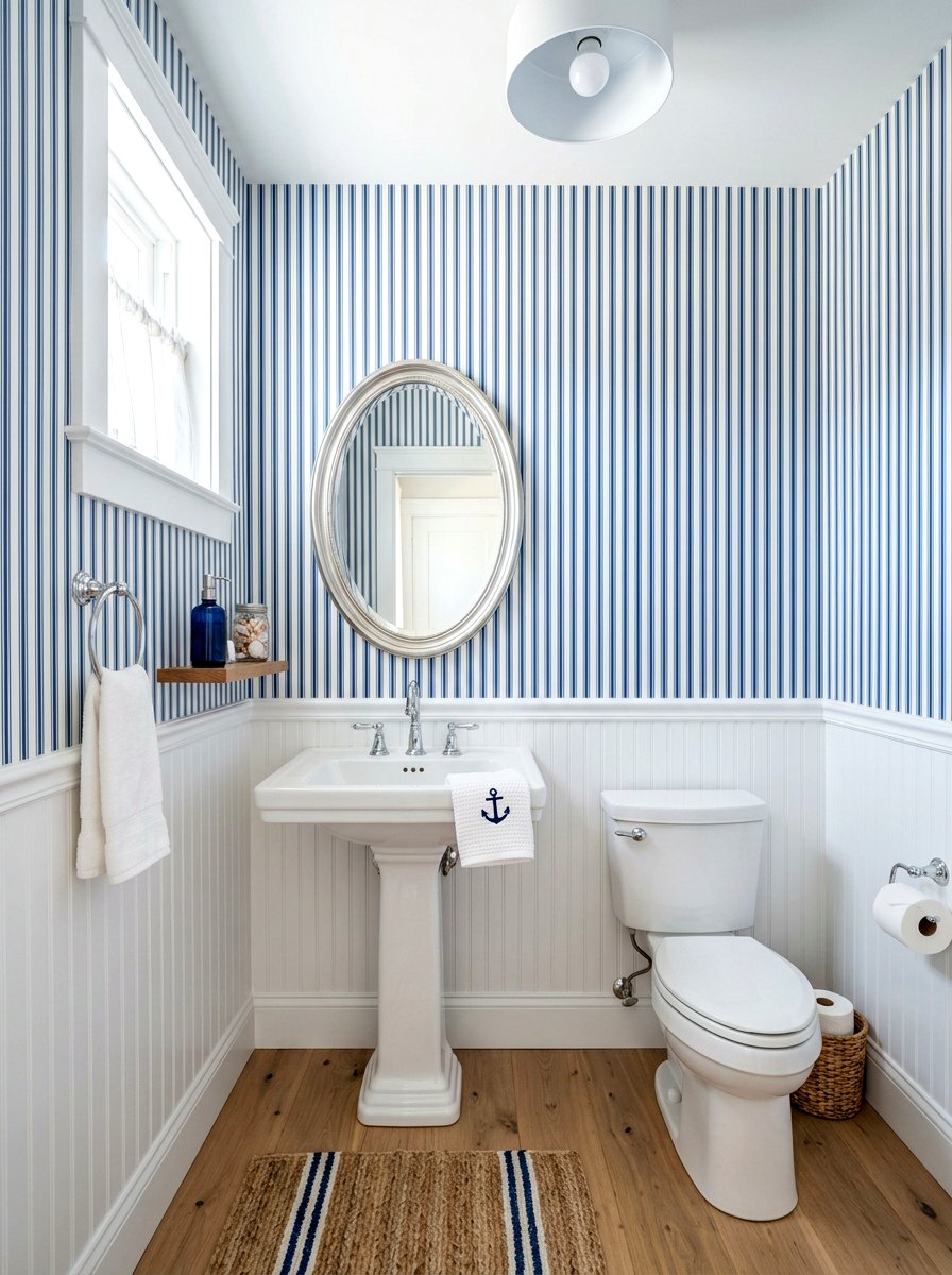 Vertical Blue White Stripe Wallpaper - 30 stripe powder bath ideas
