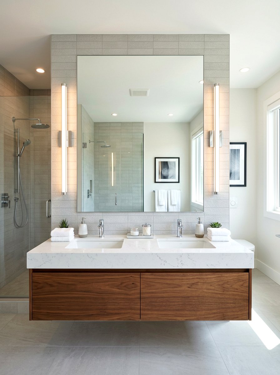 Vertical Chrome Sconce Beside Mirror - 30 chrome bathroom lighting ideas