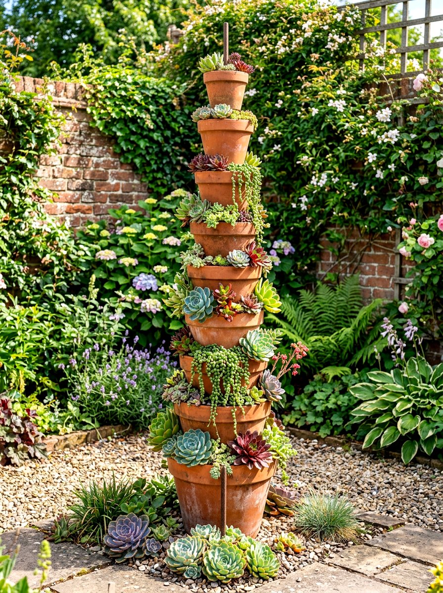 Vertical Clay Pot Tower - 30 vertical succulent garden ideas