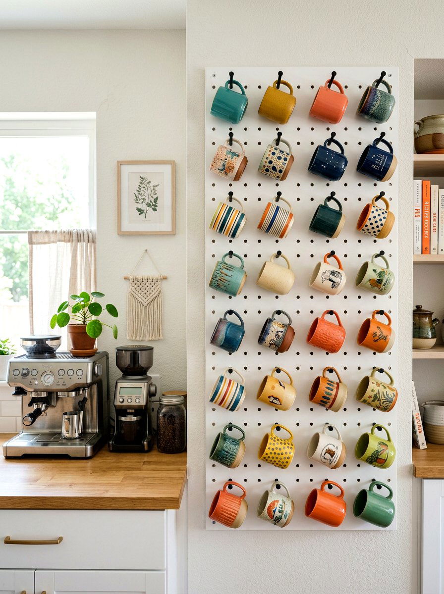 Vertical Coffee Mug Pegboard - 30 coffee mug organizer ideas