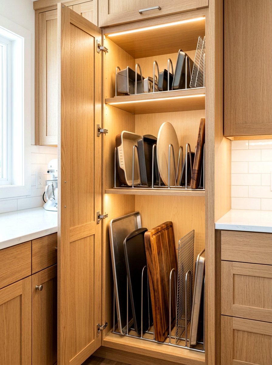 Vertical Cookie Sheet Divider - 30 micro kitchen storage ideas