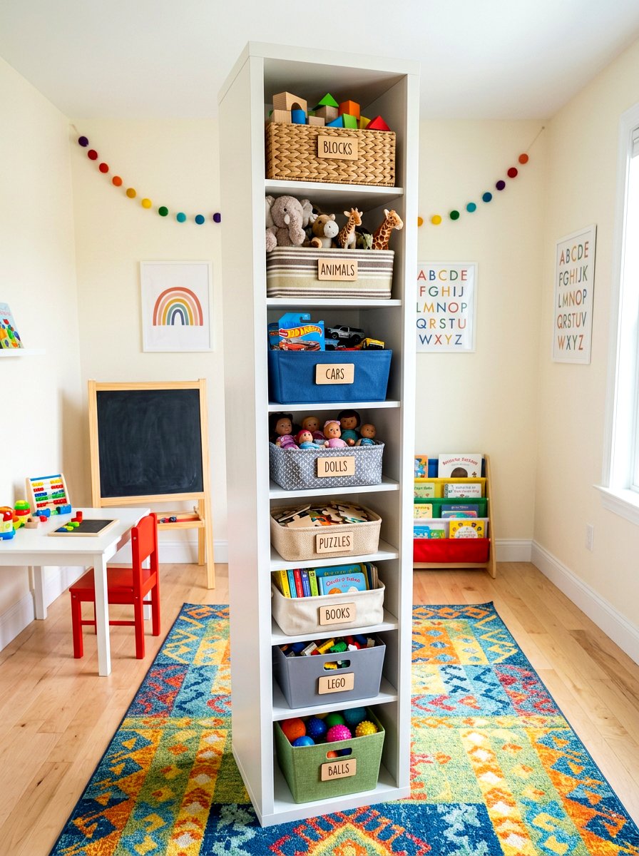 Vertical Cubby Tower - 30 playroom storage ideas