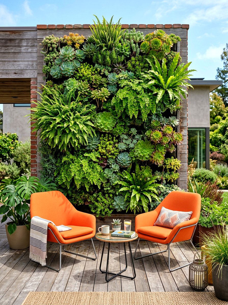 Vertical Garden Wall Lounge - 30 backyard entertaining zone ideas