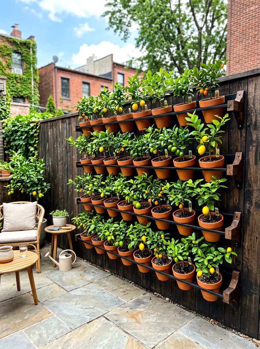 Vertical Garden With Small Citrus Pots - 30 potted citrus patio ideas