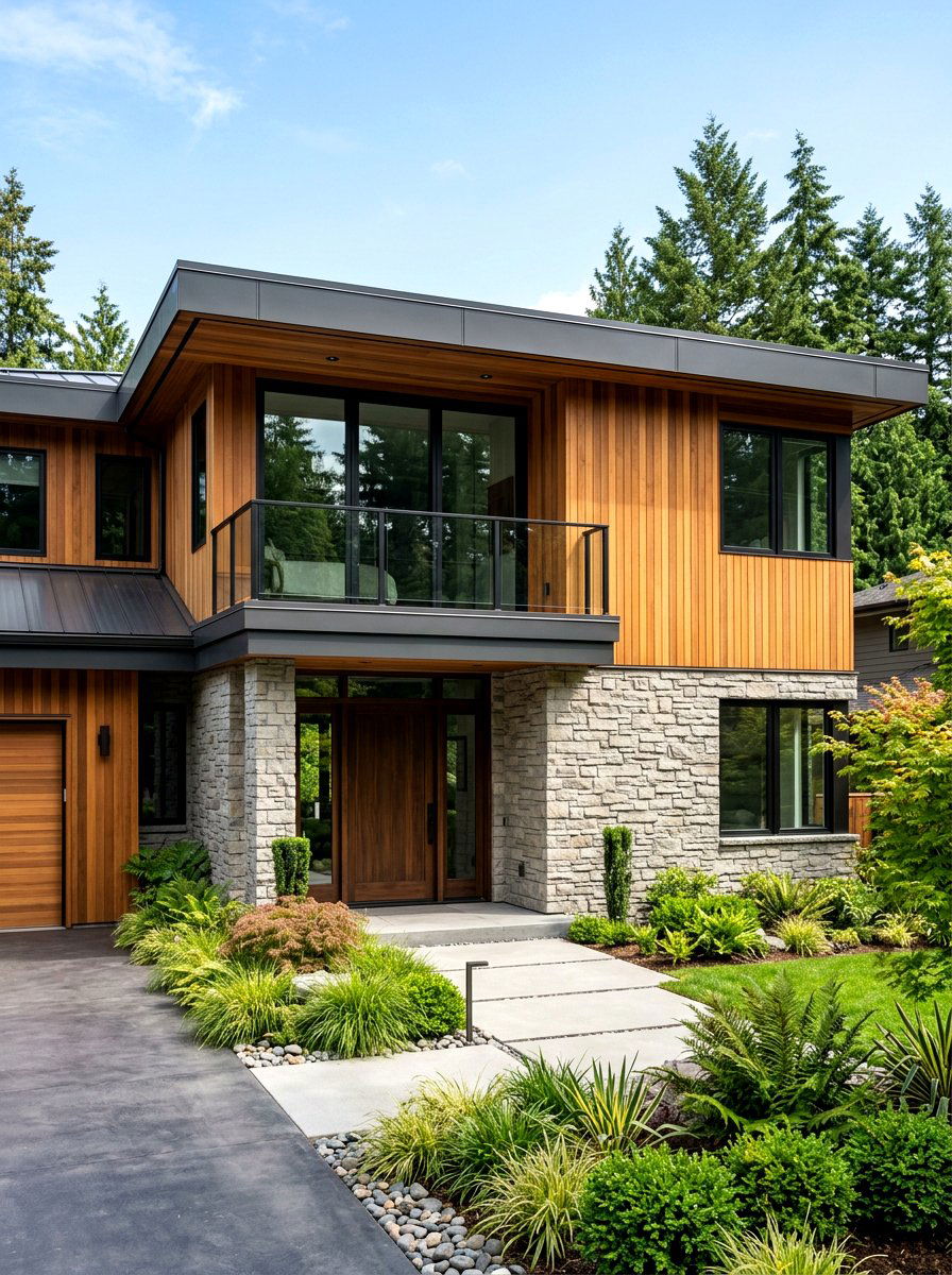 Vertical Grain Cedar And Ledgestone Exterior - 30 stone and wood exterior ideas
