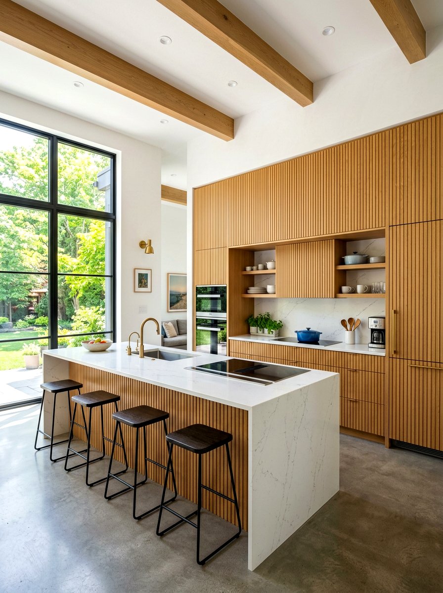 Vertical Grain Wood Kitchen - 30 warm wood cabinet kitchen ideas
