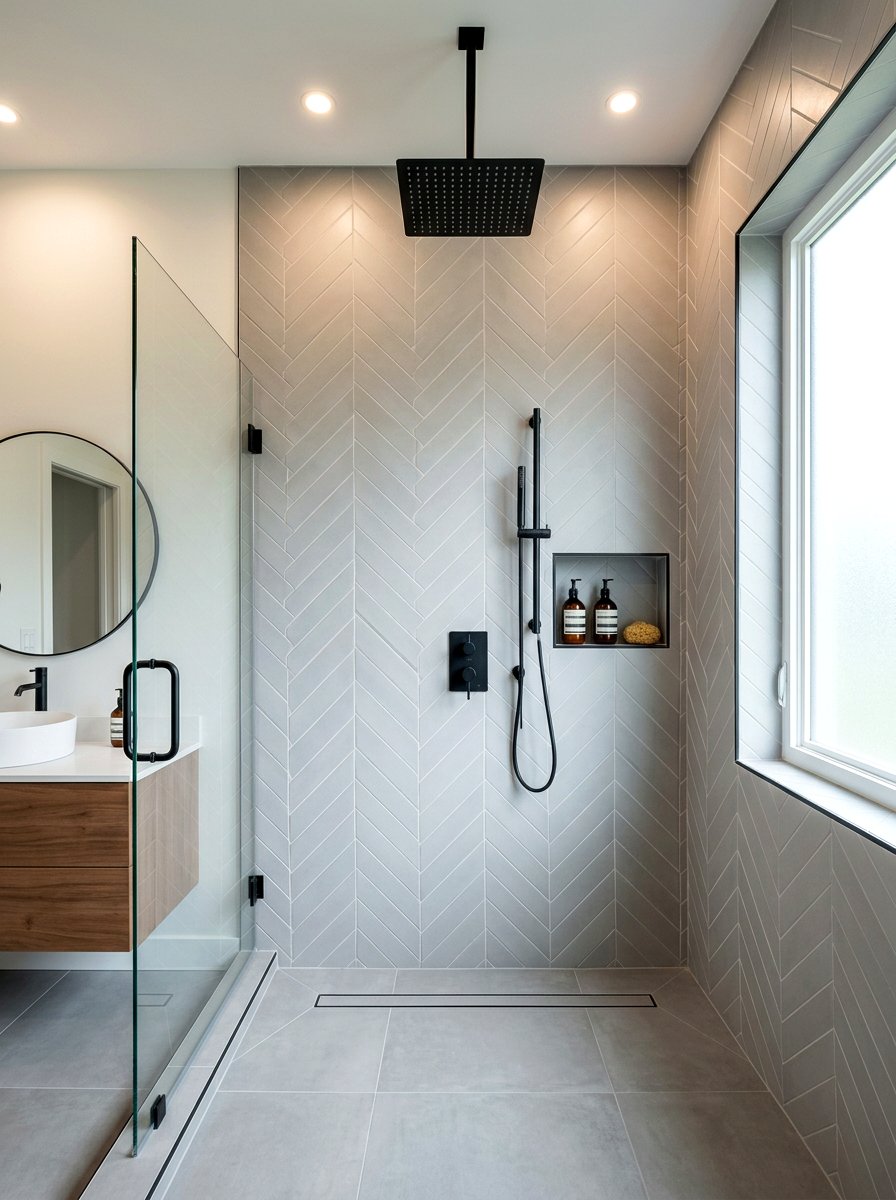 Vertical Herringbone Shower Tile