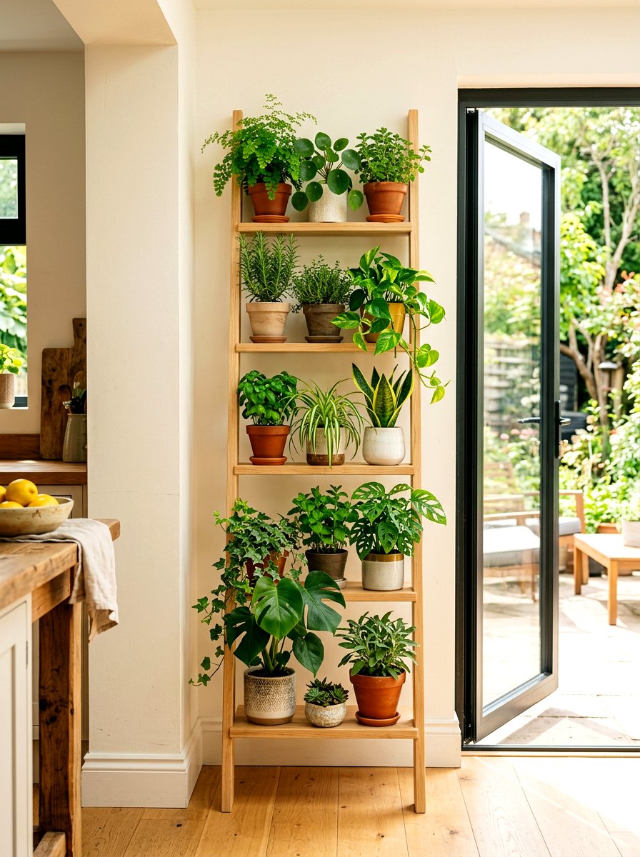 Vertical Ladder Plant Stand - 30 kitchen plant shelf ideas