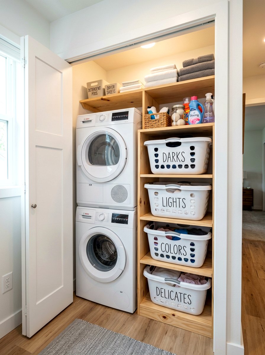Vertical Laundry Basket Shelf - 30 laundry basket storage ideas
