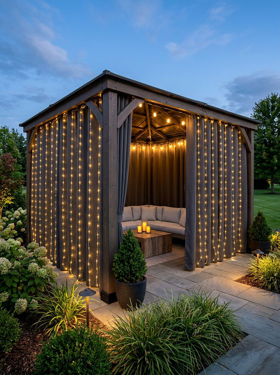 Vertical Light Strands On Privacy Screens - 30 gazebo curtain lighting ideas