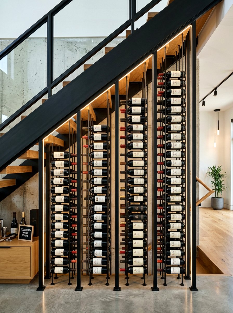 Vertical Metal Wine Display - 30 under stairs wine nook ideas