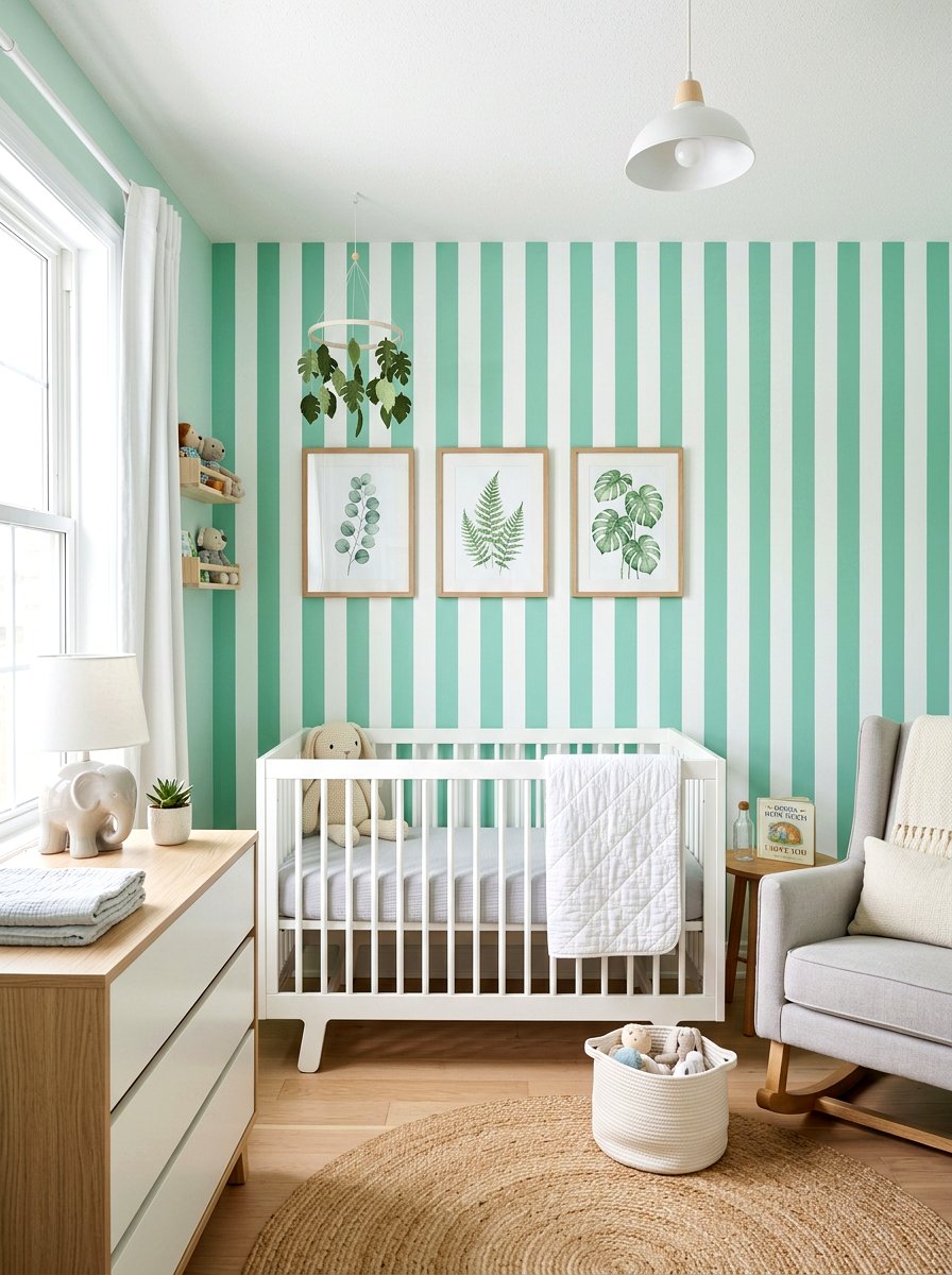 Vertical Mint Green Nursery - 30 stripe nursery wallpaper ideas