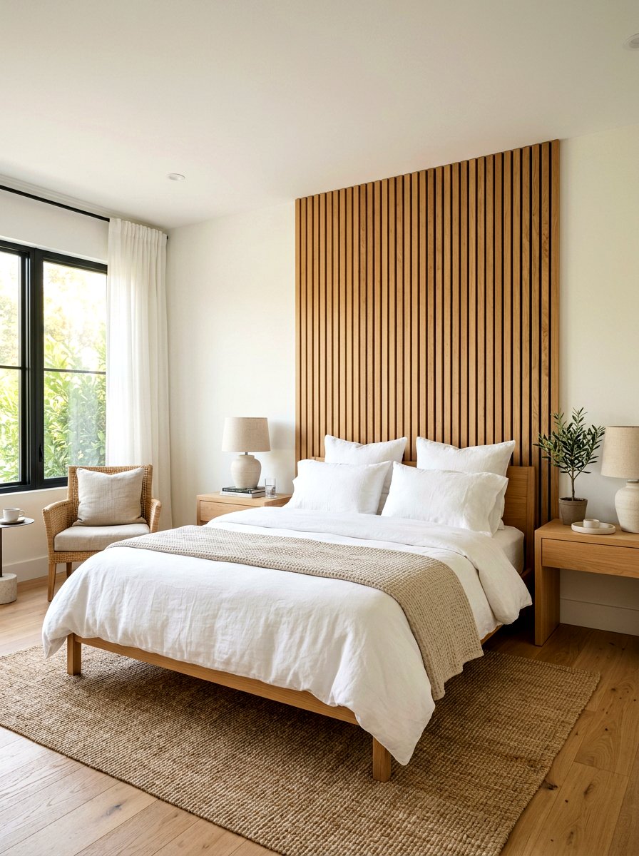 Vertical Oak Slat Wall - 30 slat wall headboard ideas