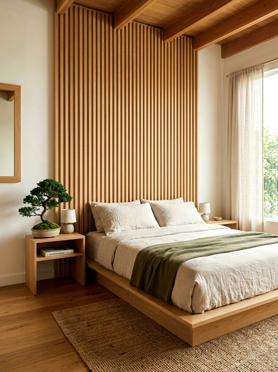 Vertical Oak Slats Headboard - 30 oversized headboard ideas