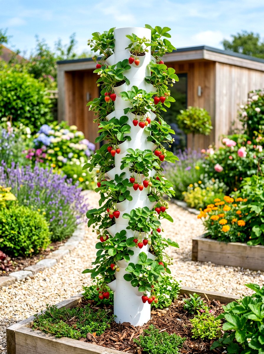 Vertical PVC Pipe Strawberry Planter - 30 strawberry tower ideas