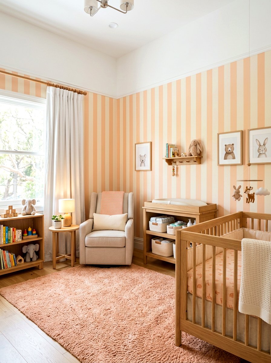 Vertical Peach Stripe Nursery - 30 stripe nursery wallpaper ideas