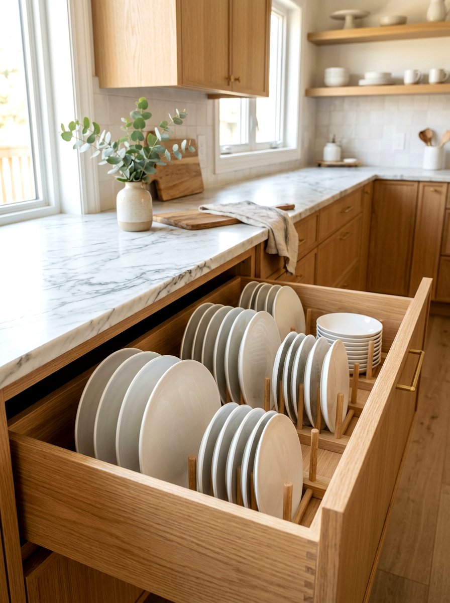 Vertical Plate Organizer - 30 deep drawer storage ideas