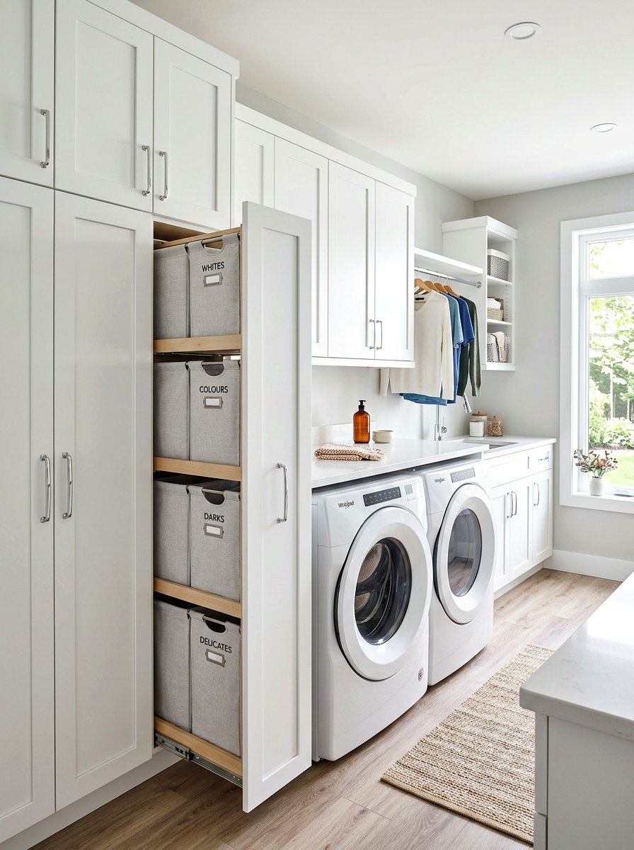 Vertical Pull Out Laundry Sorter - 30 hidden hamper apartment ideas