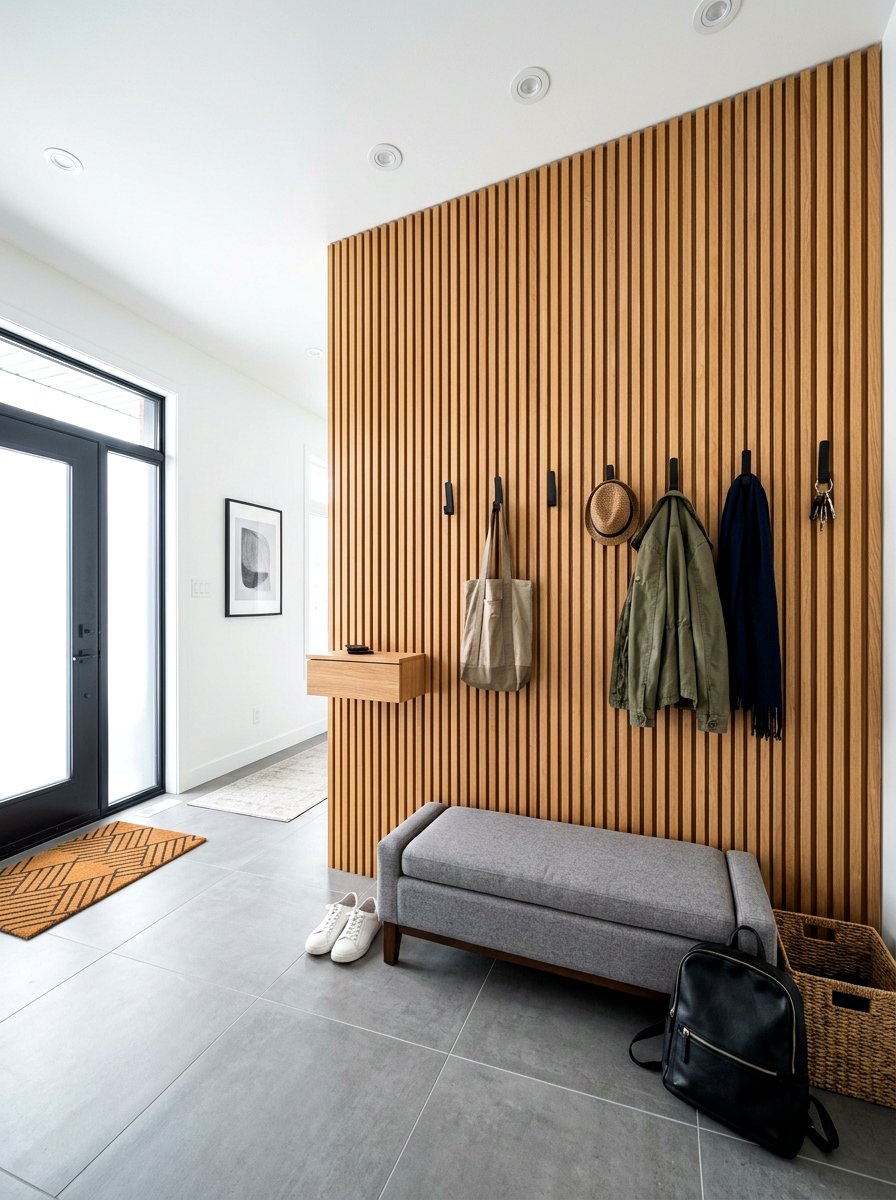 Vertical Slat Mudroom Wall - 30 open mudroom shelving ideas