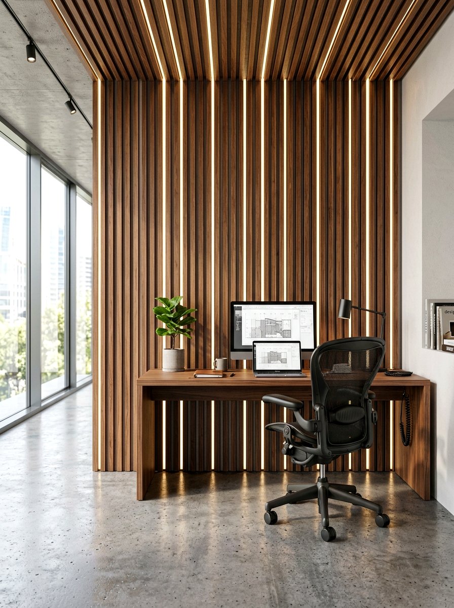 Vertical Slat Office - 30 wood paneled office ideas