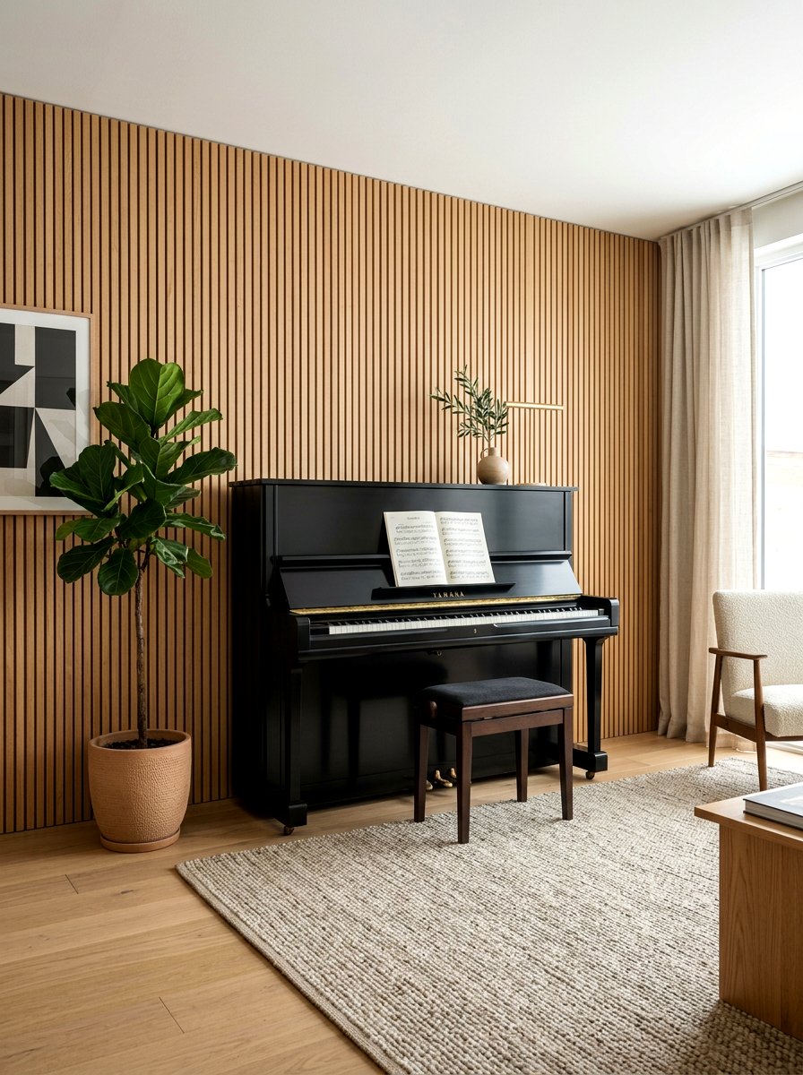 Vertical Slat Wood Wall - 30 piano corner ideas