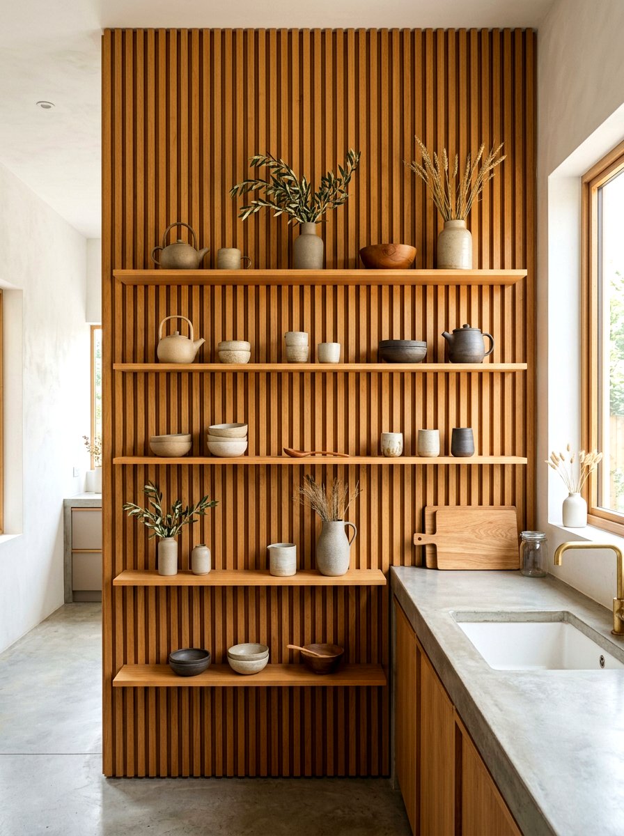 Vertical Slats Kitchen Shelving - 30 open shelving kitchen decor ideas