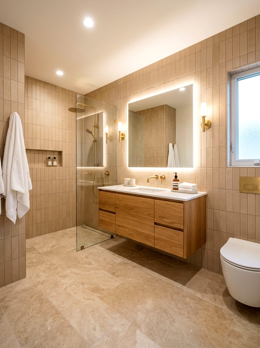 Vertical Stacked Beige Tile Bathroom - 30 stacked tile bathroom ideas