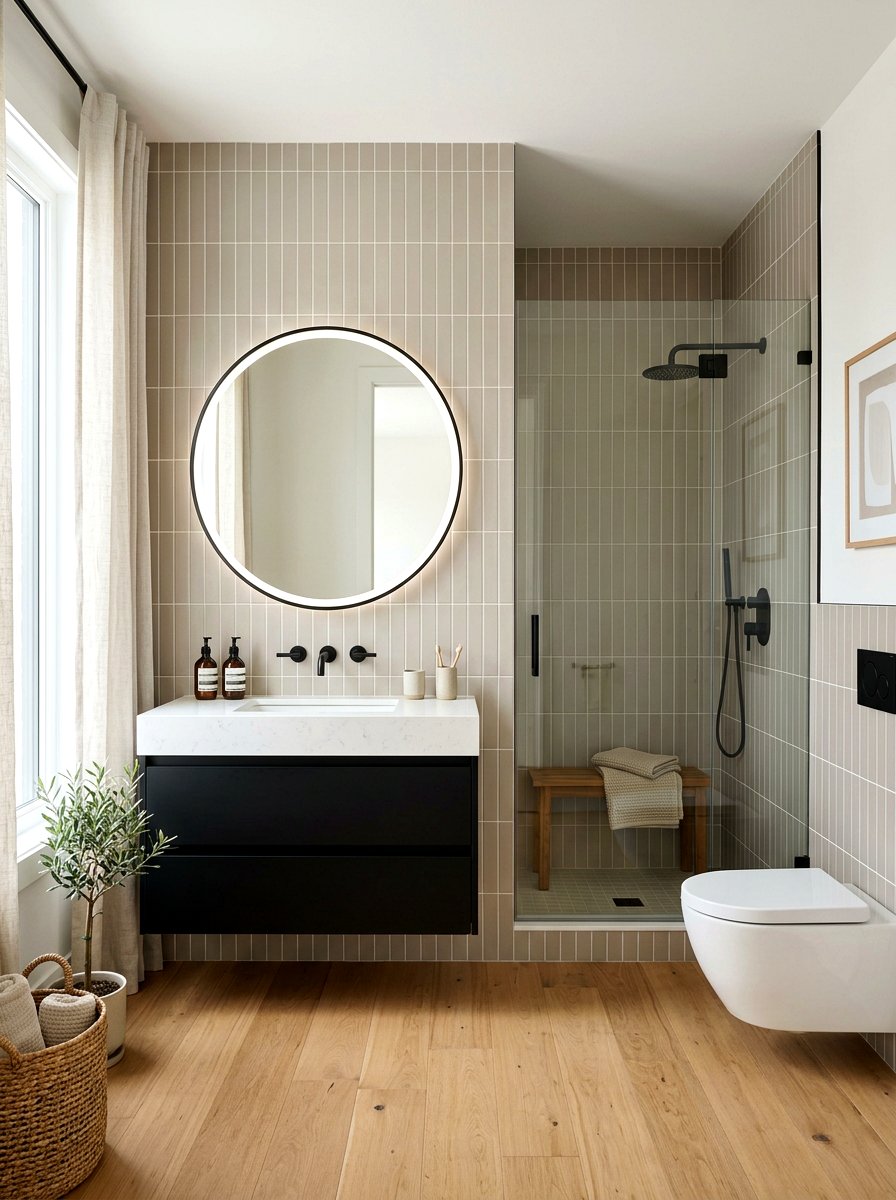 Vertical Stacked Greige Tile Bathroom - 30 stacked tile bathroom ideas
