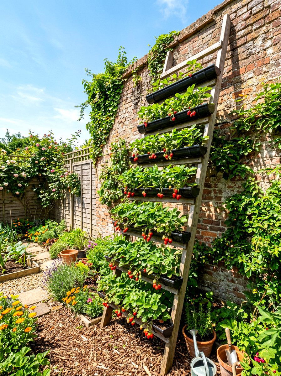Vertical Strawberry Ladder - 30 repurposed ladder garden ideas