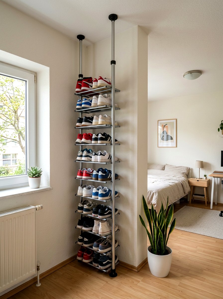 Vertical Tension Pole Shoe Rack - 30 apartment shoe wall ideas