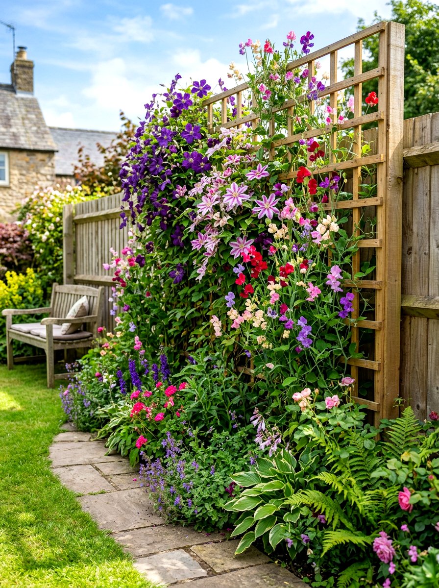 Vertical Trellis Flower Border - 30 cottage border backyard ideas