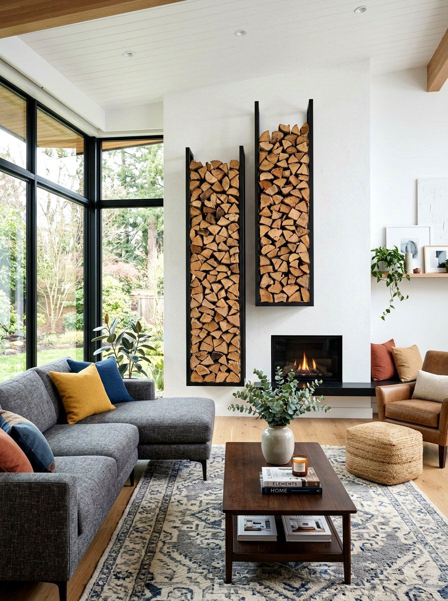 Vertical Wall Log Rack - 30 firewood storage wall ideas