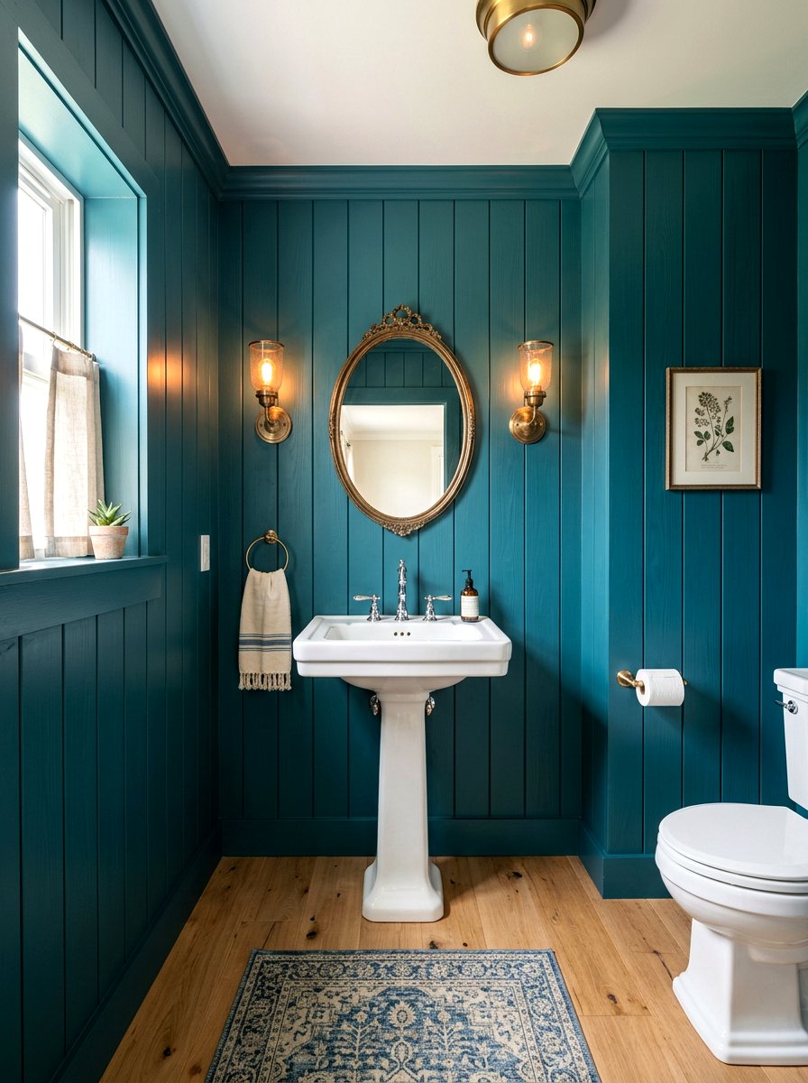 Vertical Wall Paneling - 30 deep teal powder room ideas