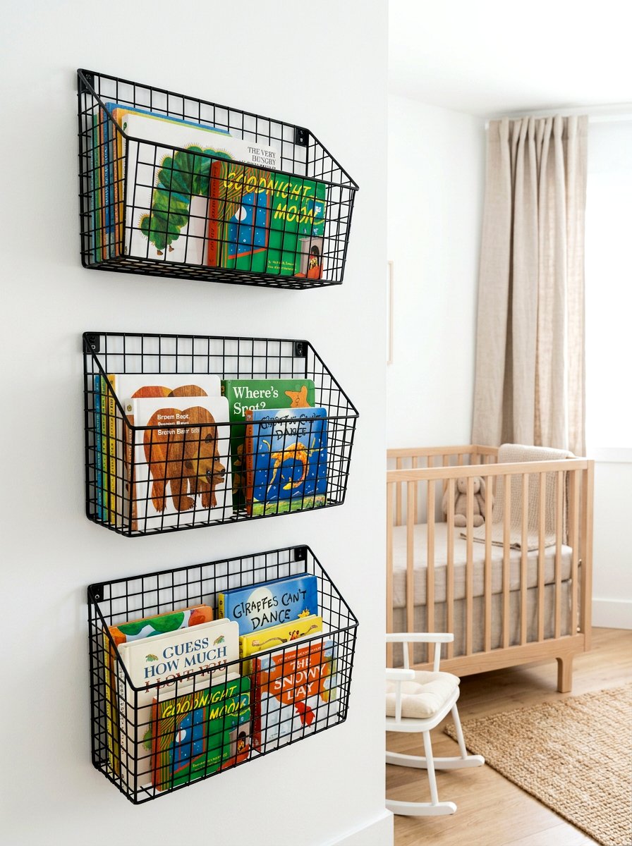 Vertical Wire Basket - 30 nursery bookshelf ideas