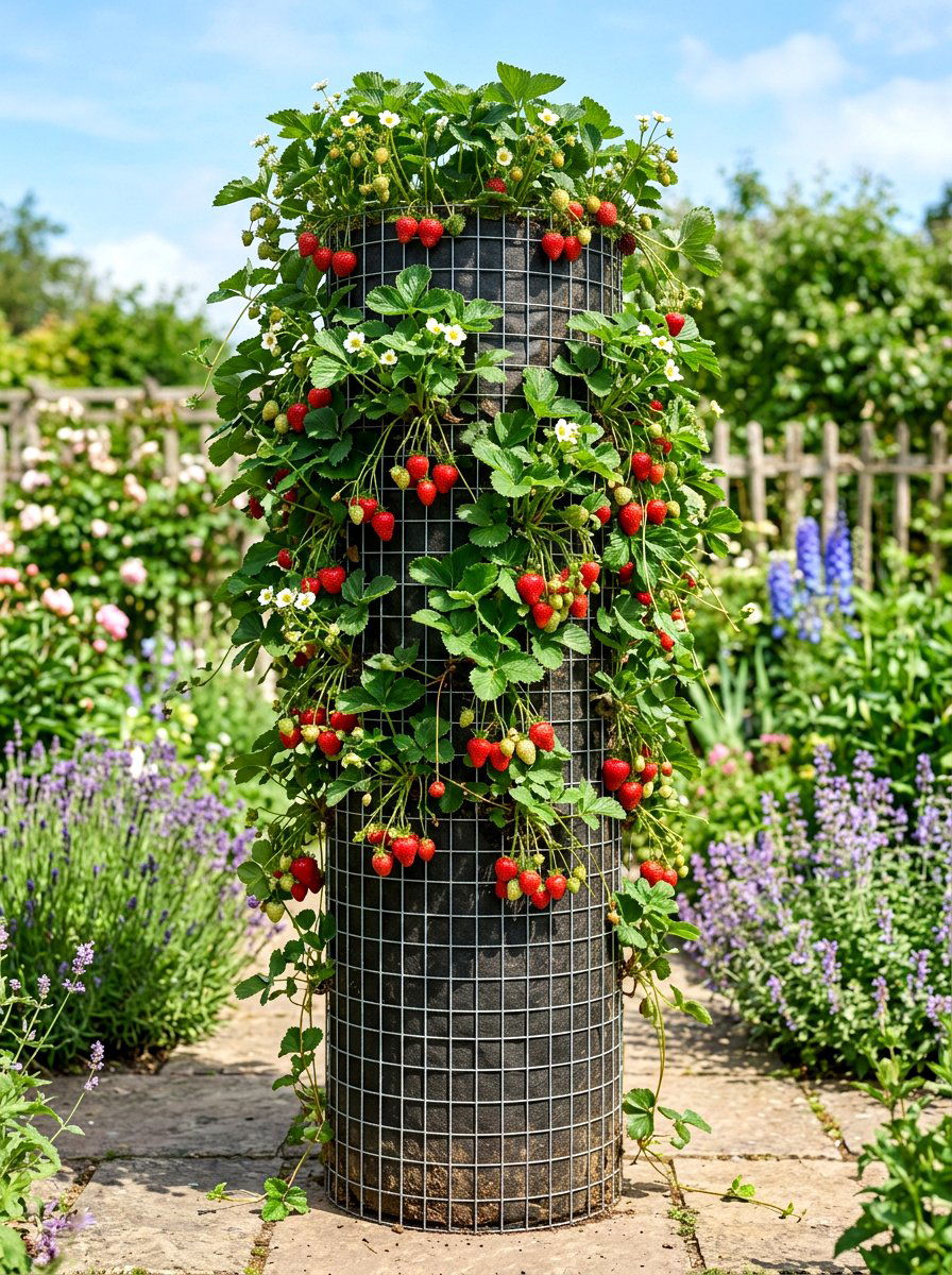 Vertical Wire Mesh Cylinder - 30 vertical strawberry garden ideas