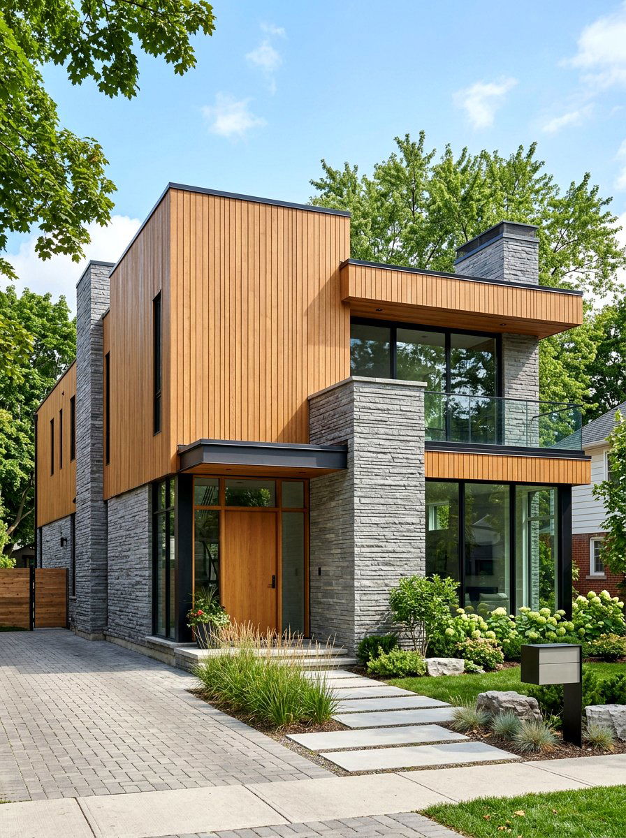 Vertical Wood Siding With Stacked Stone - 30 stone and wood exterior ideas